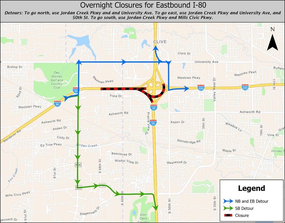 Eastbound I-80 between Southwest Mixmaster and Jordan Creek Parkway detour map