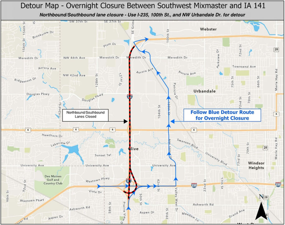 SW Mixmaster to Iowa 141 detour map