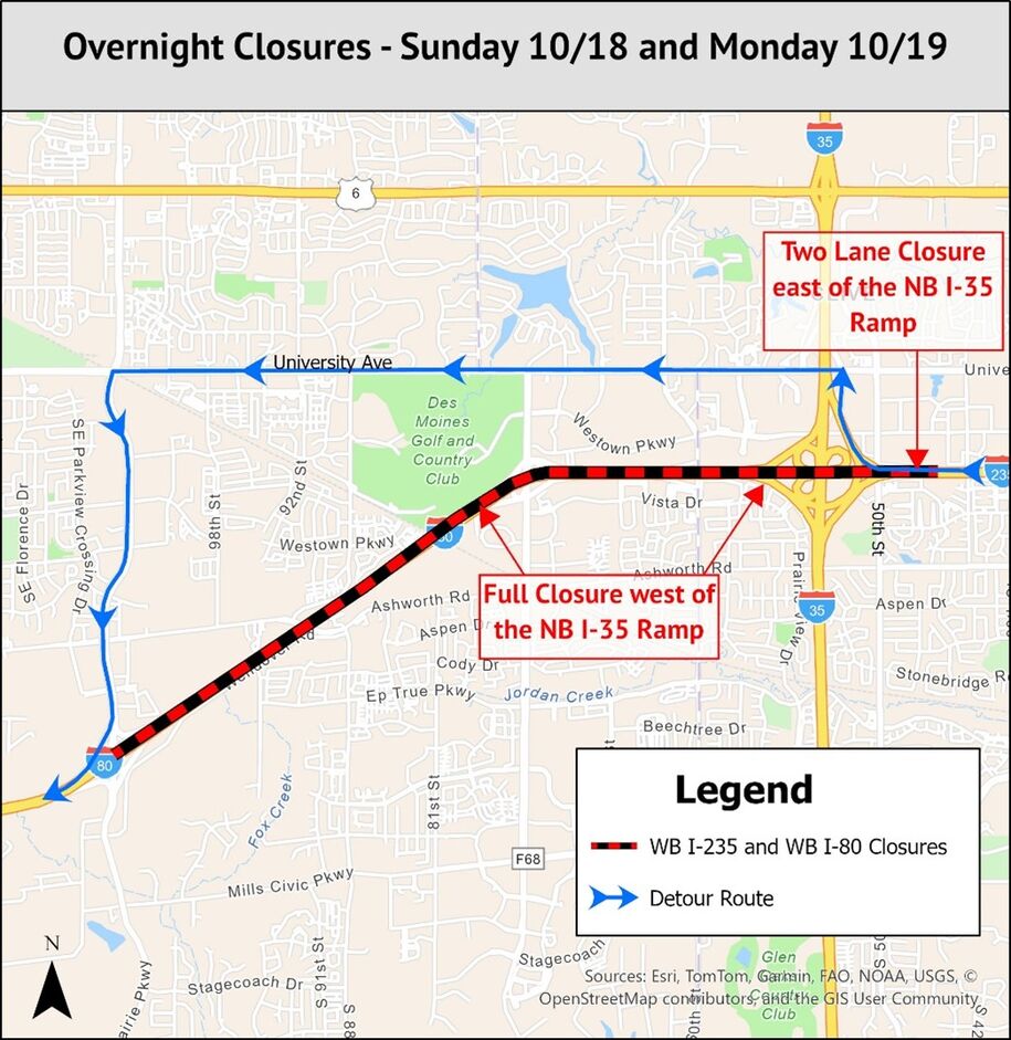 Detour map for closures on October 18 and 19