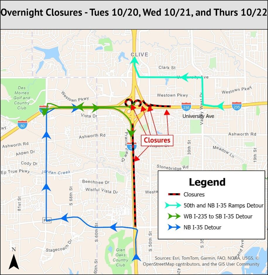 Detour map for closures on October 20 to 22