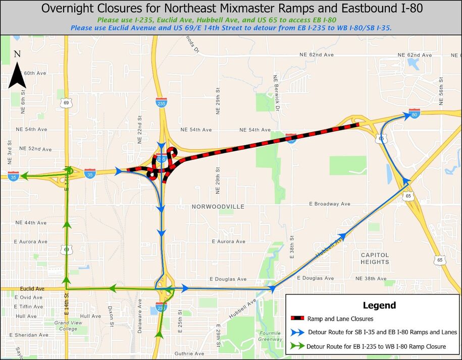 Northeast Mixmaster eastbound I-80 ramp and lane closures detour map