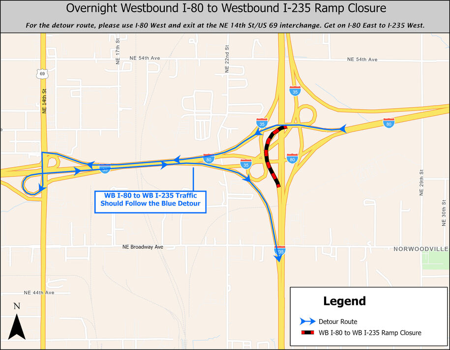Westbound I-80 to westbound I-235 ramp closure detour map 