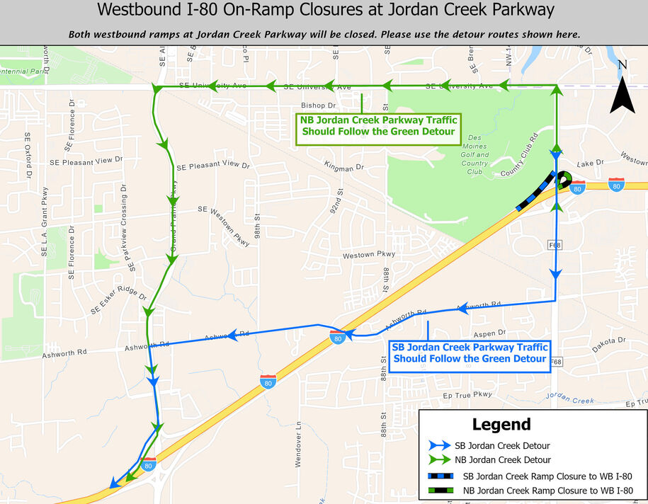 Westbound I-80 at Jordan Creek Parkway ramp closure detour map