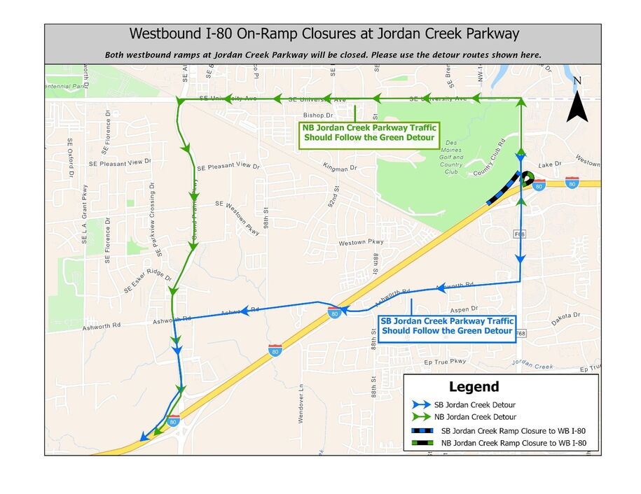 Westbound I-80 ramps at Jordan Creek Parkway detour map