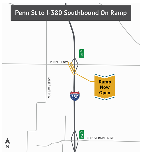 Penn Street Ramp to I-380 Southbound Now Open map